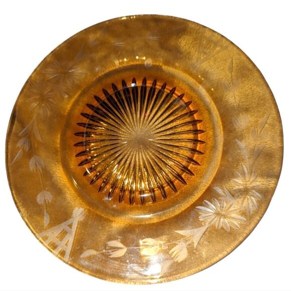 Vintage etched amber glass plate - Picture 1 of 10